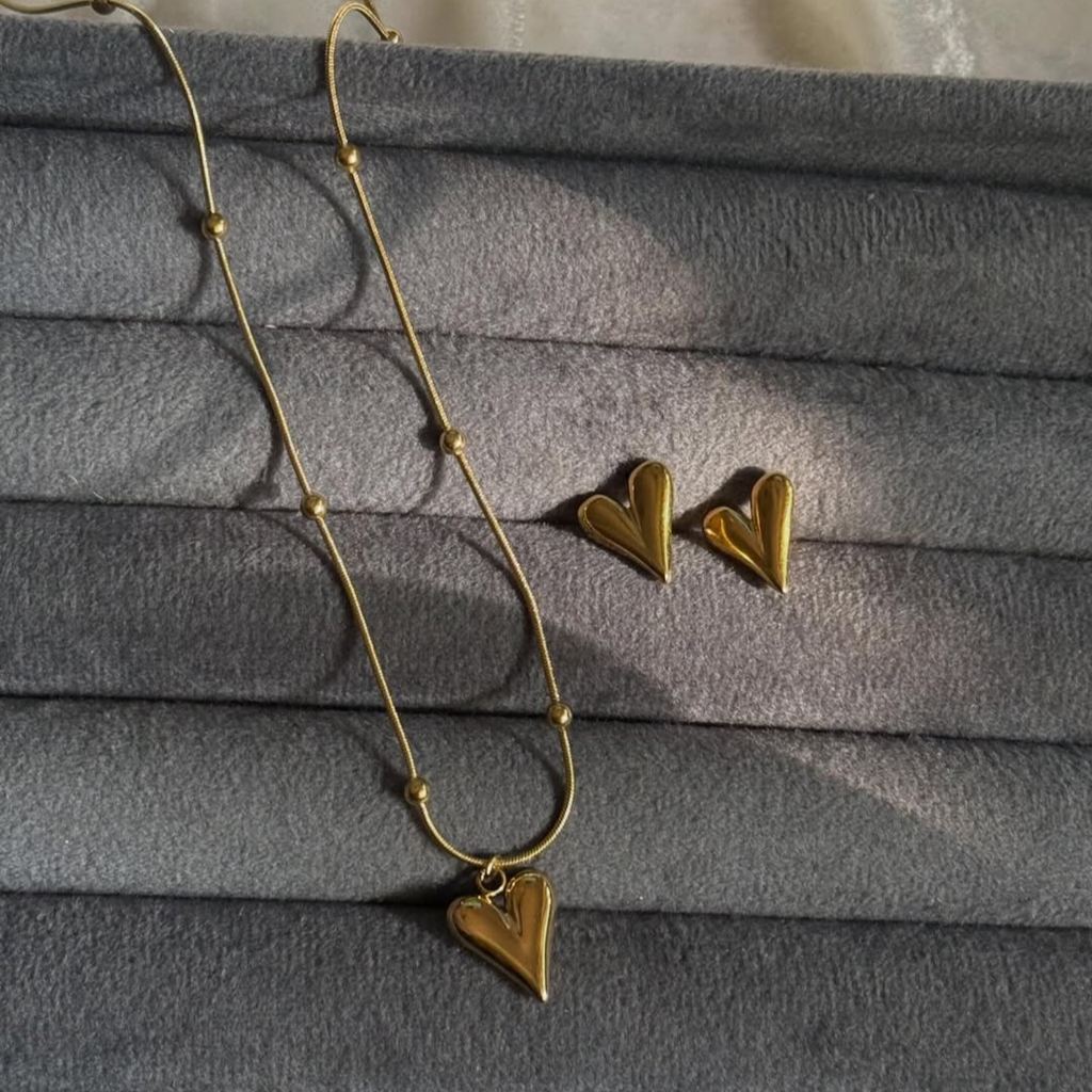 Heart Gold Necklace Earrings Set