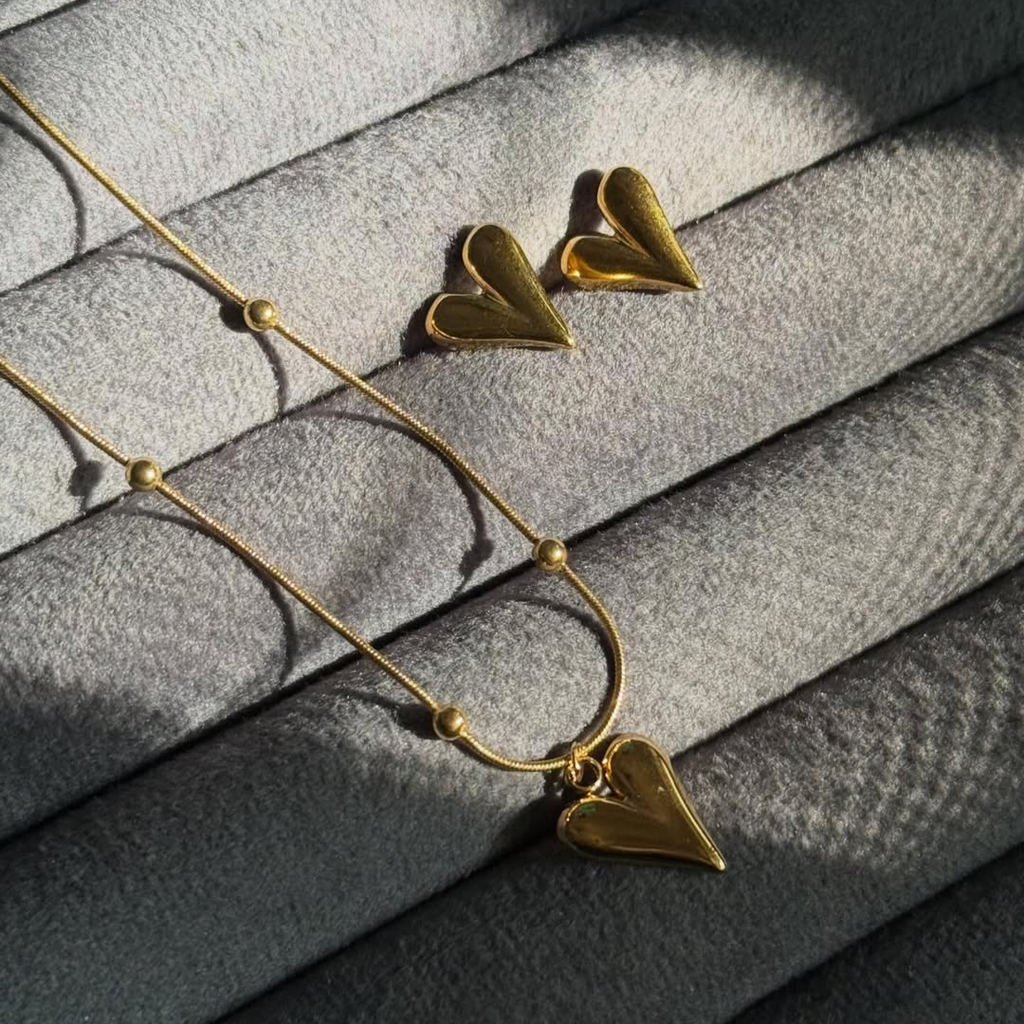 Heart Gold Necklace Earrings Set