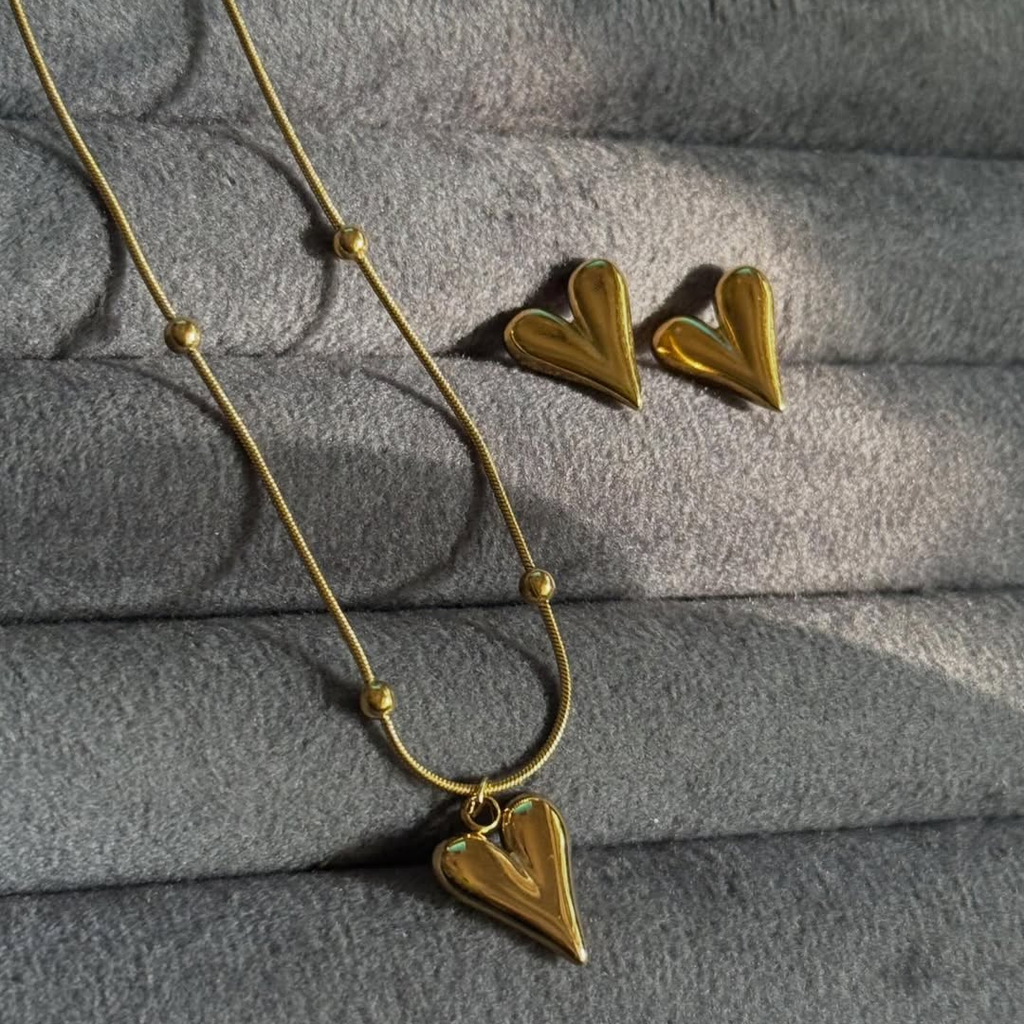 Heart Gold Necklace Earrings Set